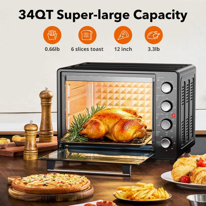 34 QT Extra-Large Oil-Free Air Fryer Toaster Oven Combo with 5 Functions: Pizza, Warm, Broil, Toast, Bake - Black