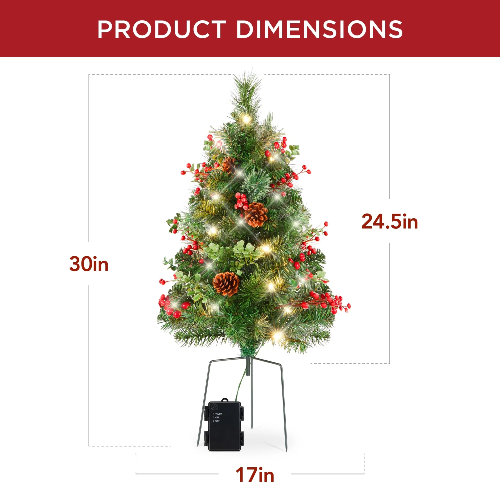 Set of 2 24.5-Inch Outdoor Pathway Christmas Trees with LED Lights, Berries, Pine Cones, and Ornaments