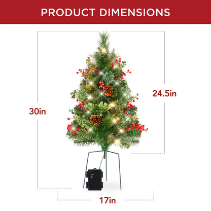 Set of 2 24.5-Inch Outdoor Pathway Christmas Trees with LED Lights, Berries, Pine Cones, and Ornaments