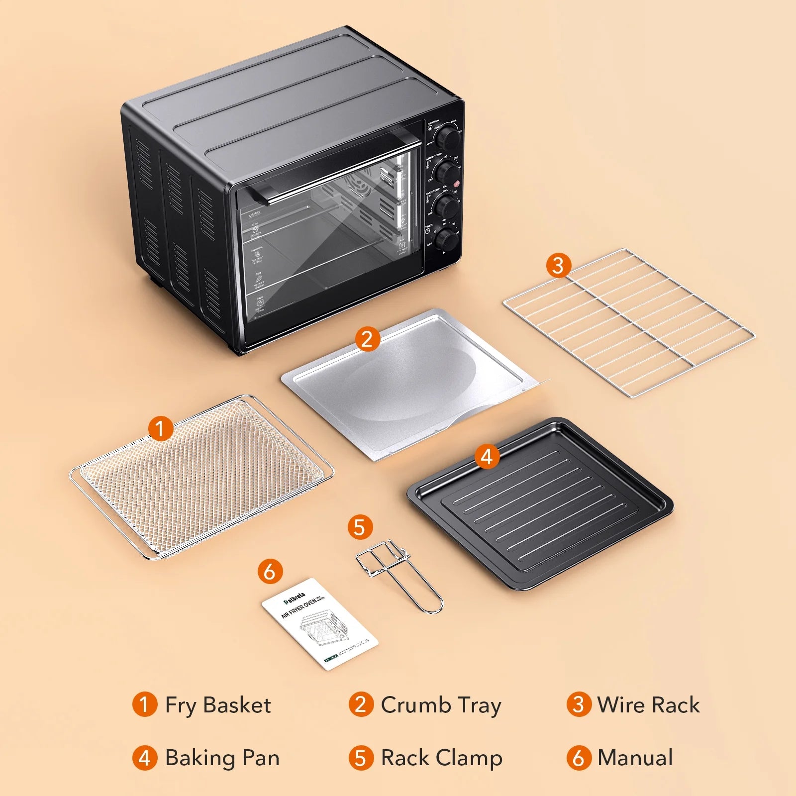 34 QT Extra-Large Oil-Free Air Fryer Toaster Oven Combo with 5 Functions: Pizza, Warm, Broil, Toast, Bake - Black