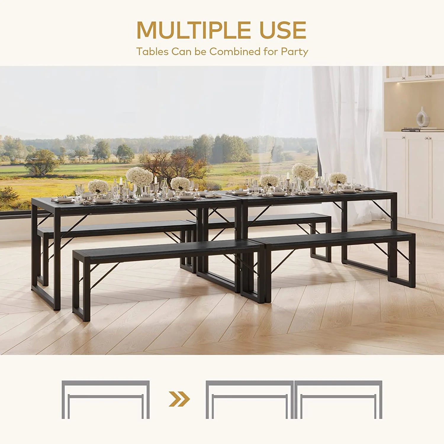 45.5" Dining Table and Bench Set for 4 - Space-Saving Black Kitchen Furniture for Apartments