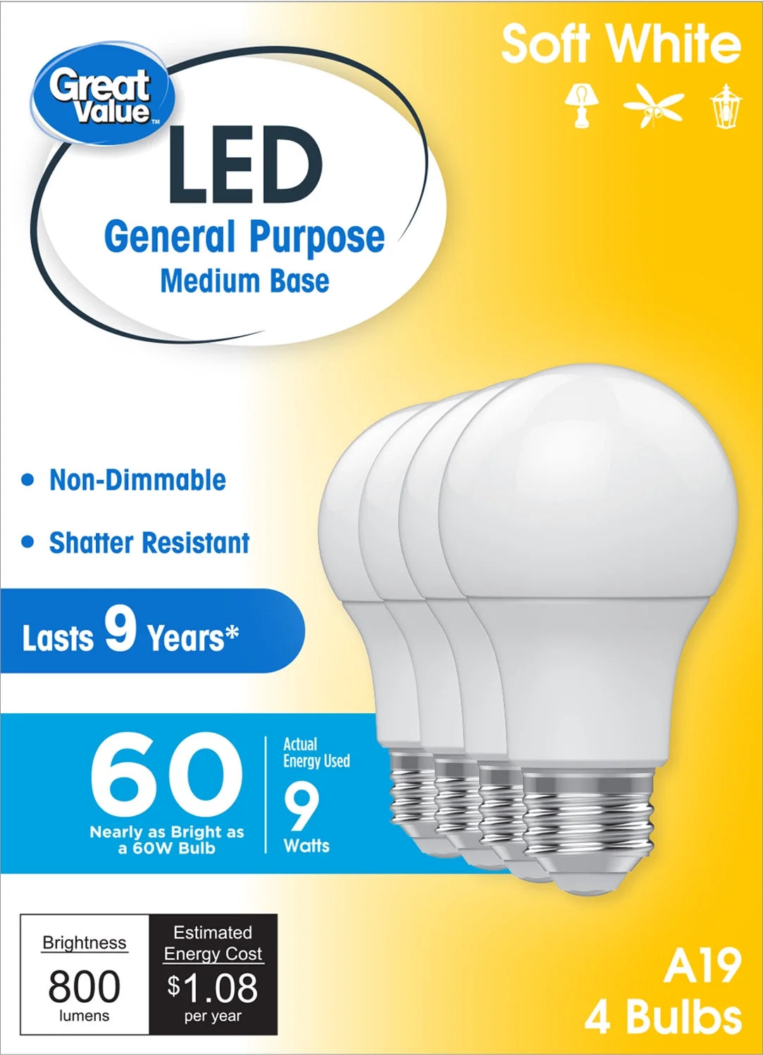 Great Value LED Light Bulbs, 60 Watts Eqv, Soft White, A19 General Purpose Light Bulbs, 9Yr, 4 Pack