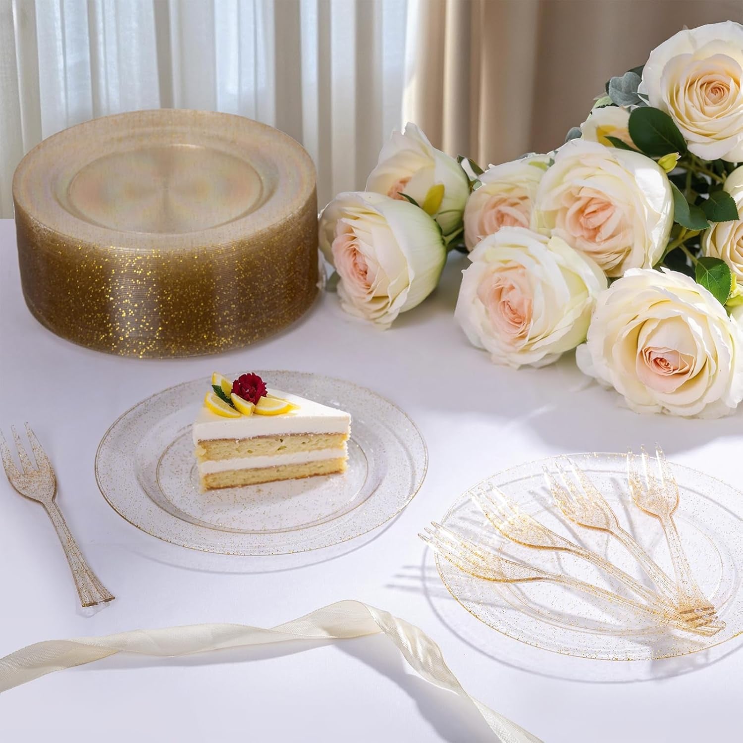 WELLIFE 120-Count Gold Glitter Plastic Dessert Plates and Forks Set, 6.5-Inch Disposable Plates and Durable Small Forks for Catering, Parties, and Weddings