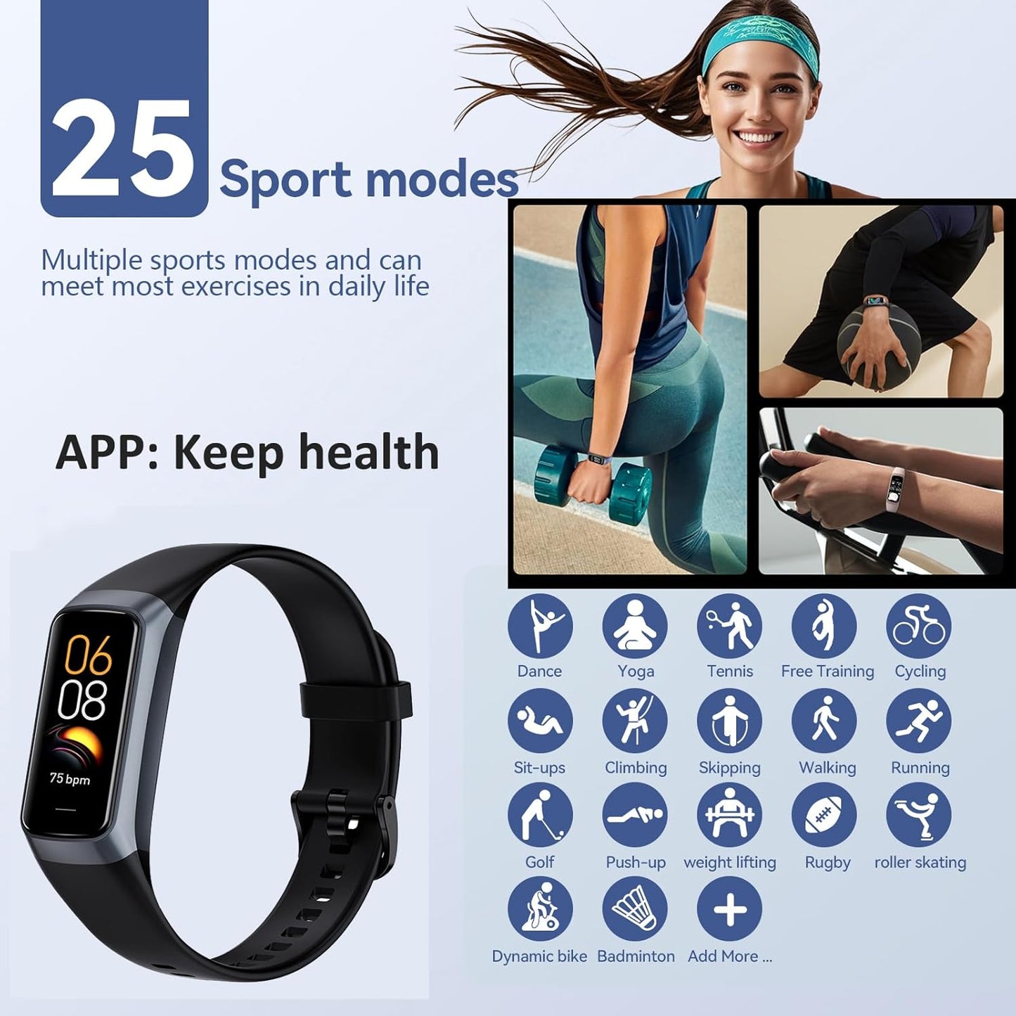 Health and Fitness Tracker for Men and Women - AMOLED Display, Slim Design, 25 Sports Modes, Heart Rate and Blood Pressure Monitoring, Alarm, Stopwatch, Timer, Calories Burned, IP68 Waterproof