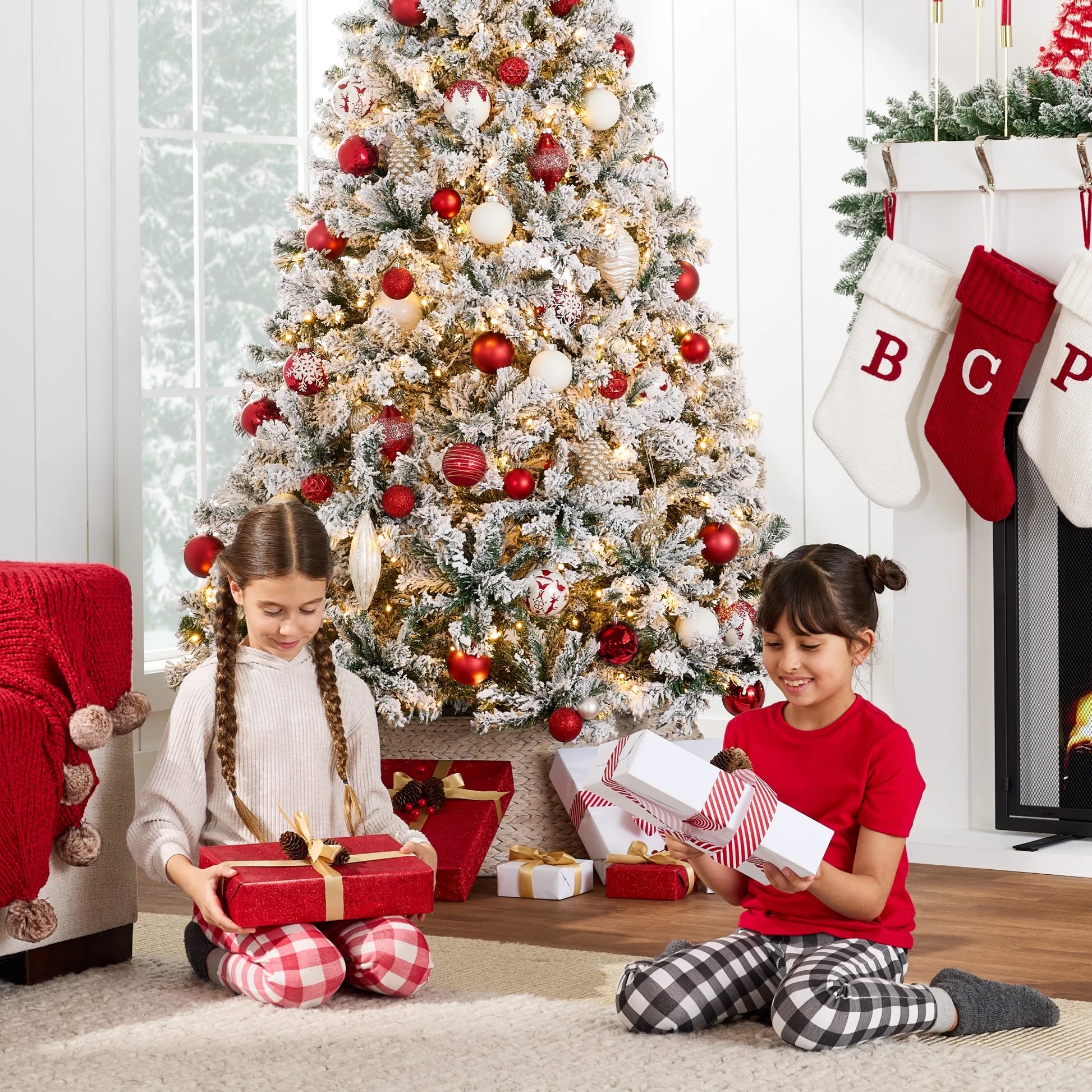 6-Foot Pre-Lit Holiday Christmas Pine Tree with Snow Flocked Branches and 250 Warm White Lights