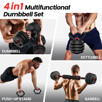 70-Lb Multi-Functional Free Weight Set with Connector – 5-in-1 Dumbbells for Barbell, Kettlebell, Push-Up Stand, and Home Fitness Exercises for Men and Women