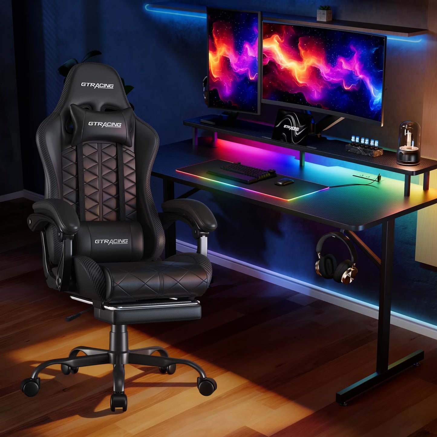 LED Gaming Desk and Bluetooth Gaming Chair Set in Black