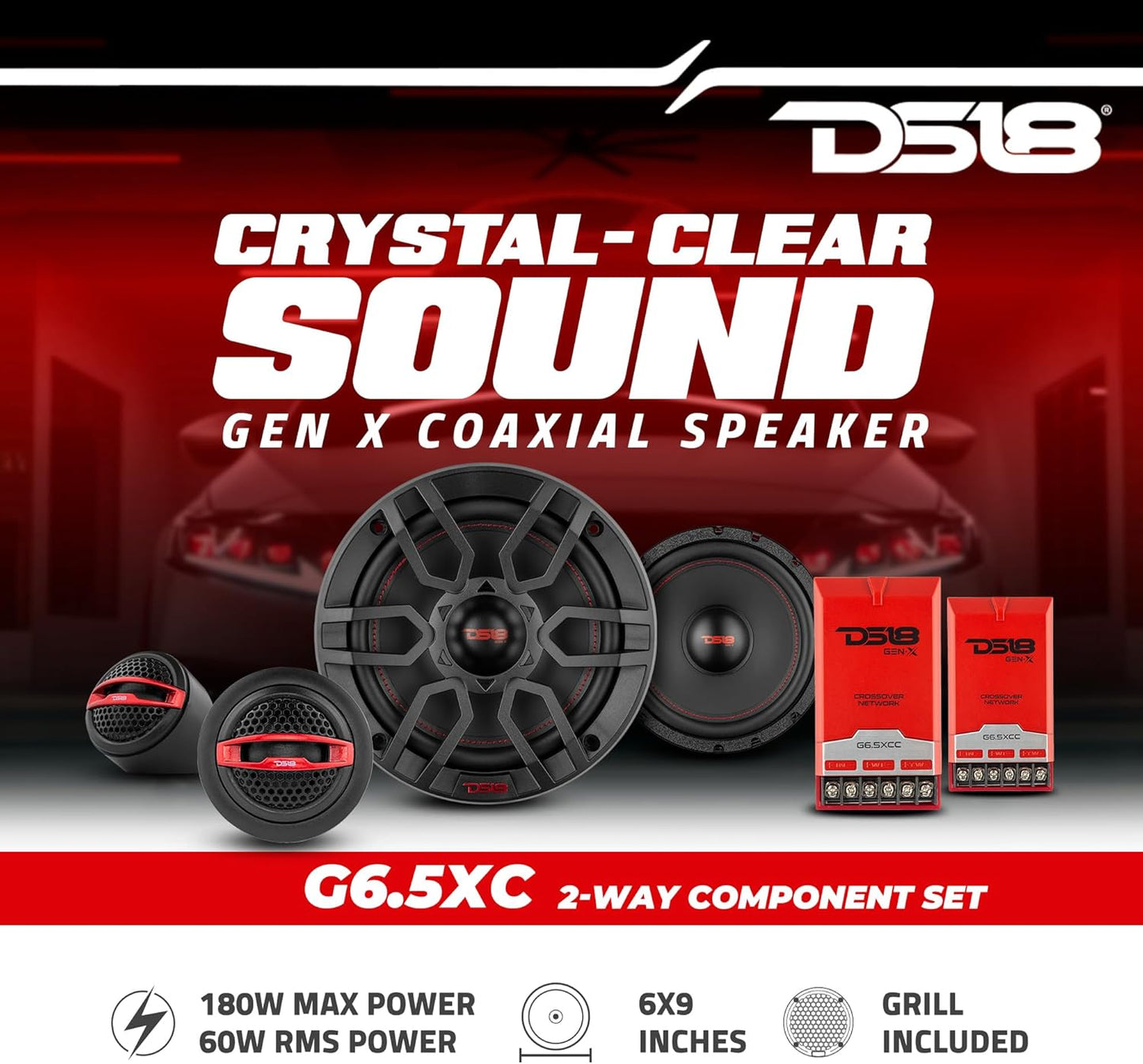 DS18 GEN-X6.5C Component Set - 6.5", 2-Way, 150W Max, 50W RMS, Black Paper Cone, Tetorn Dome Tweeters, 4 Ohms - Clarity Unparalled by Other Speakers in Their Class (2 Speakers)