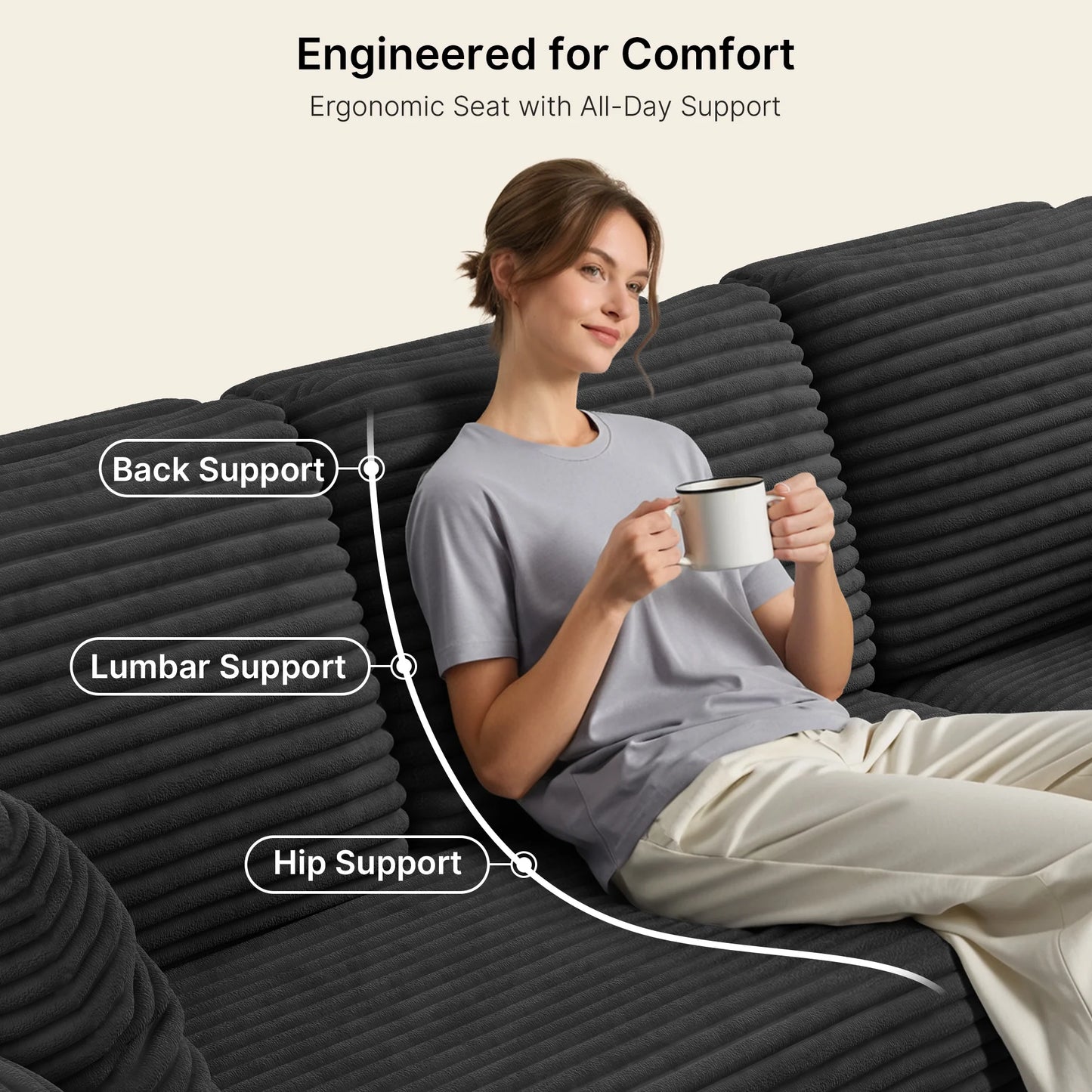 105" Cloud Sectional Sofa with L-Shape Chaise - Upholstered Couch for Living Room or Bedroom, No Assembly Required, Black