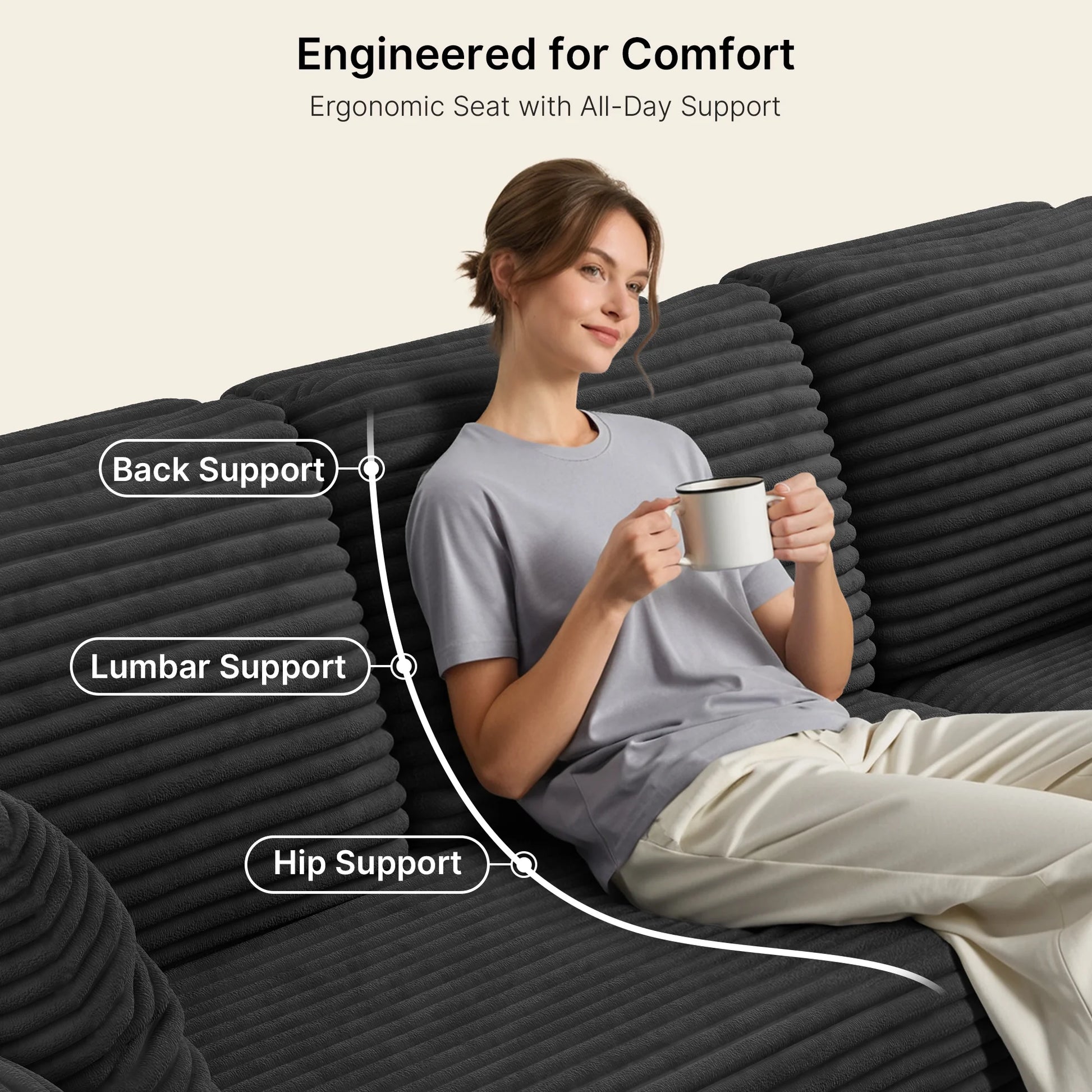 105" Cloud Sectional Sofa with L-Shape Chaise - Upholstered Couch for Living Room or Bedroom, No Assembly Required, Black