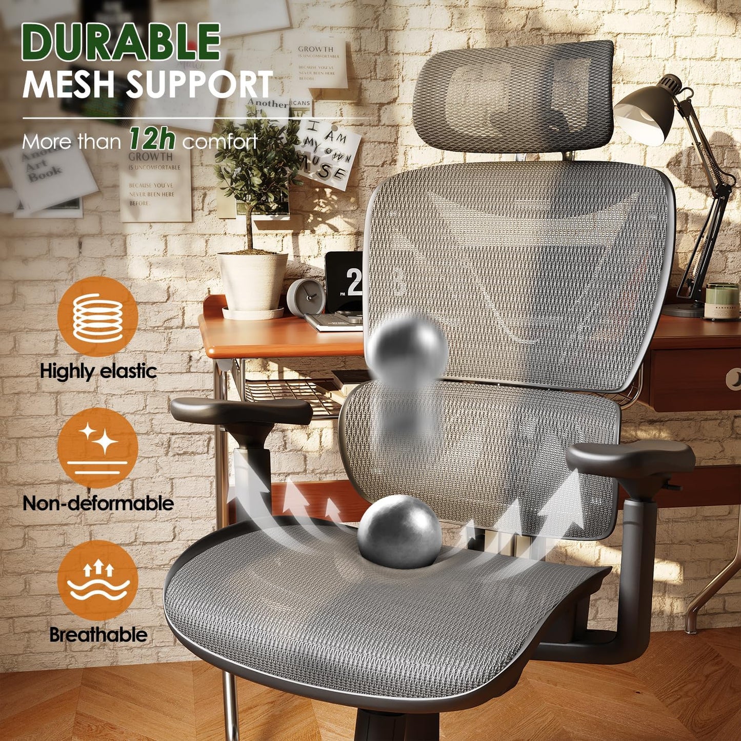 GABRYLLY Ergonomic Office Chair for Big and Tall, Mesh Design with Lumbar Support, 3D Adjustable Armrests, 215° Rotation, Adjustable Headrest, and Comfortable Seat, Supports Up to 350 lbs, Ideal for Work and Gaming - Grey