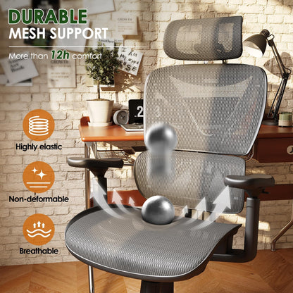 GABRYLLY Ergonomic Office Chair for Big and Tall, Mesh Design with Lumbar Support, 3D Adjustable Armrests, 215° Rotation, Adjustable Headrest, and Comfortable Seat, Supports Up to 350 lbs, Ideal for Work and Gaming - Grey