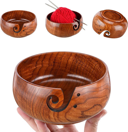Wooden Knitting Yarn Bowl with Holes for Organized Storage