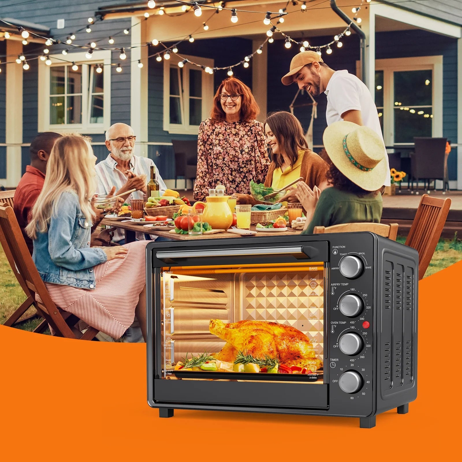 34 QT Extra-Large Oil-Free Air Fryer Toaster Oven Combo with 5 Functions: Pizza, Warm, Broil, Toast, Bake - Black