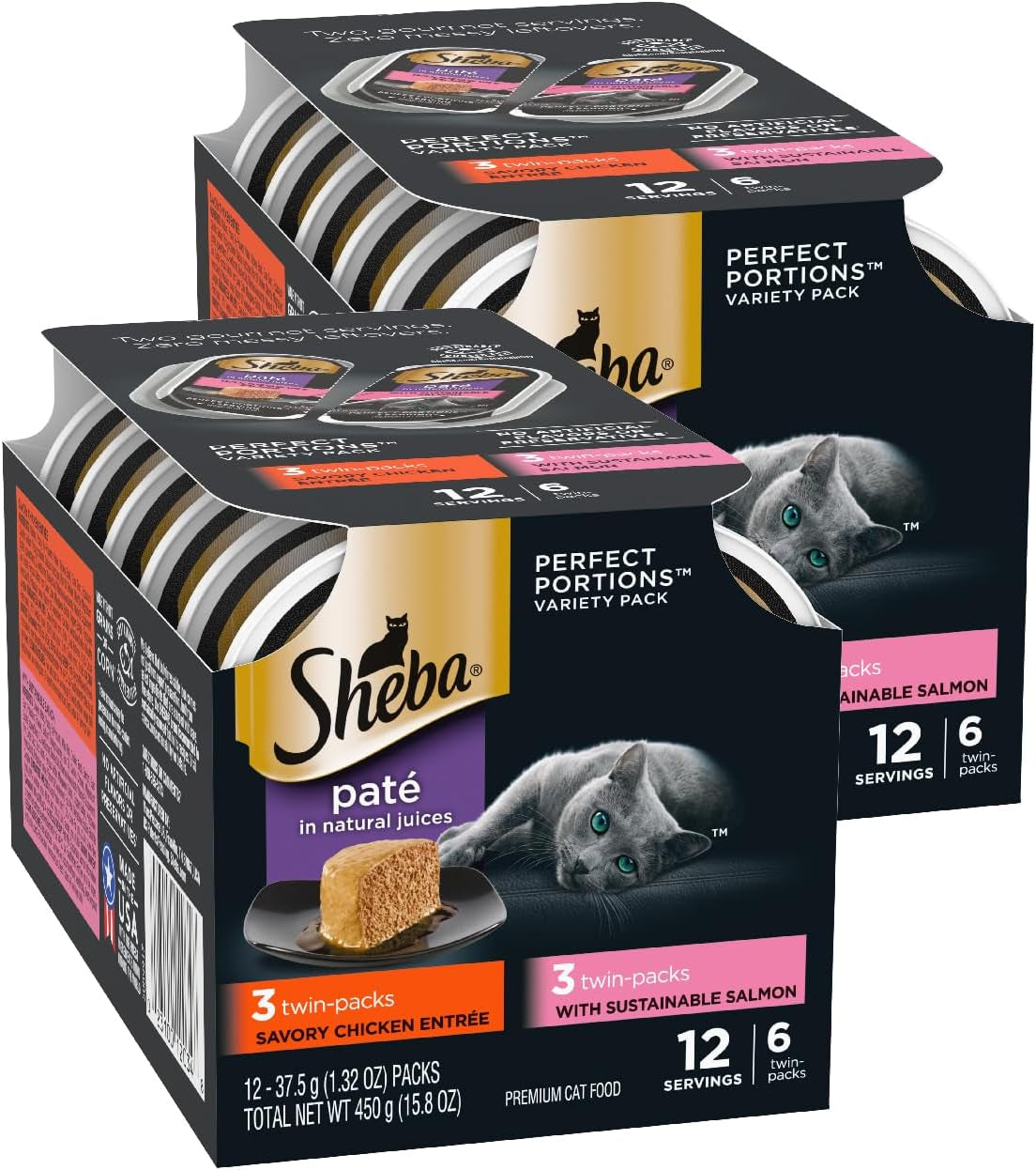 Sheba Perfect Portions Wet Cat Food Variety Pack with Sustainable Salmon, Signature Seafood Entrée, Tender White Fish, and Tuna, 2.6 Oz Twin Pack Trays (24 Count, 48 Servings)