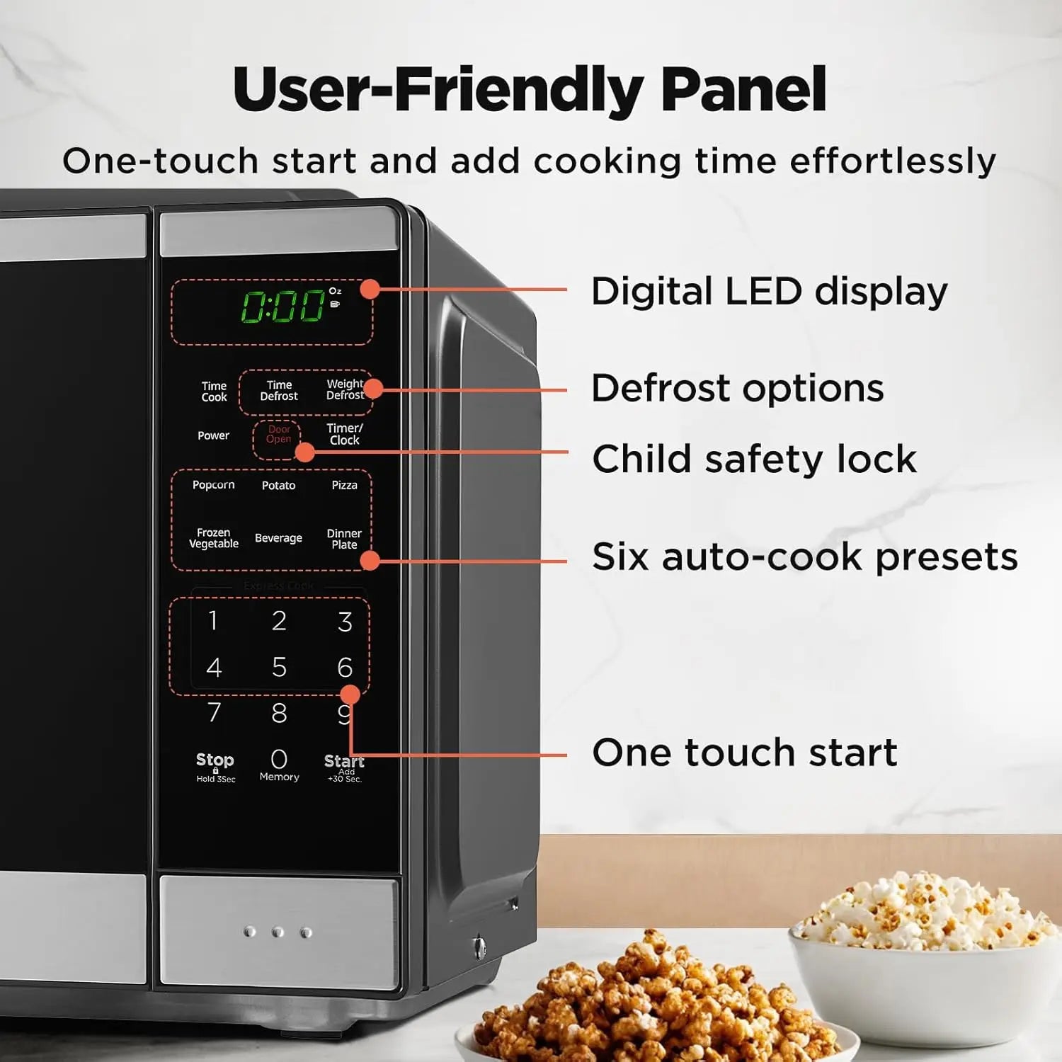 BLACK+DECKER Countertop Microwave Oven 0.9 Cu Ft - 6 Auto Menus, Child Lock, 10 Power Levels, One-Touch Start, Digital, 900W