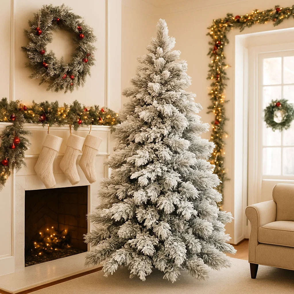 Flocked Spruce Artificial Christmas Tree - Prelit with Functions Colorful Lights & Realistic Tips, Firm Metal Stand & Lights, Easy Assembly