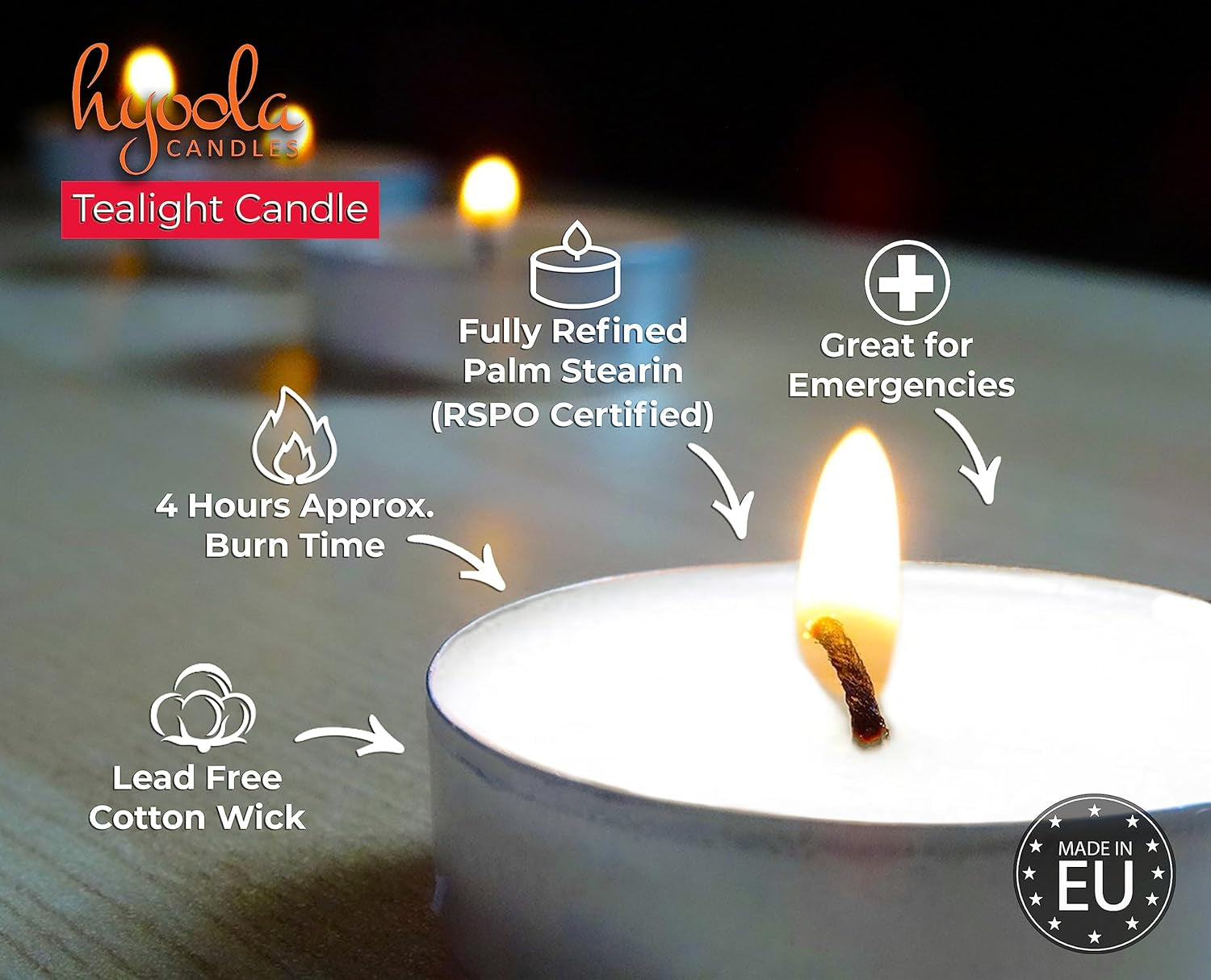 Hyoola Bulk Tea Light Candles - 50 Pack of Natural Palm Oil Unscented Candles - European Quality - 4 Hour Burn Time