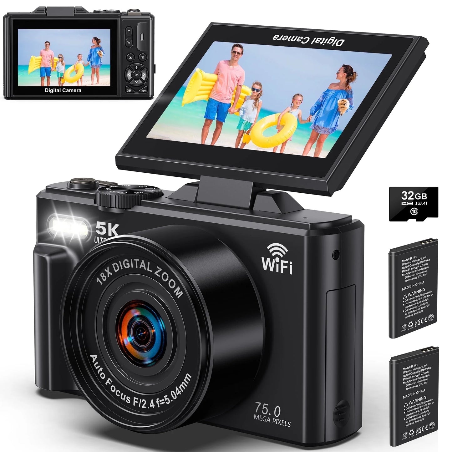 5K Digital Camera with 75MP Resolution, WiFi Connectivity, 18X Zoom, Autofocus, Flip Screen, and 32GB Memory Card for Vlogging and Photography