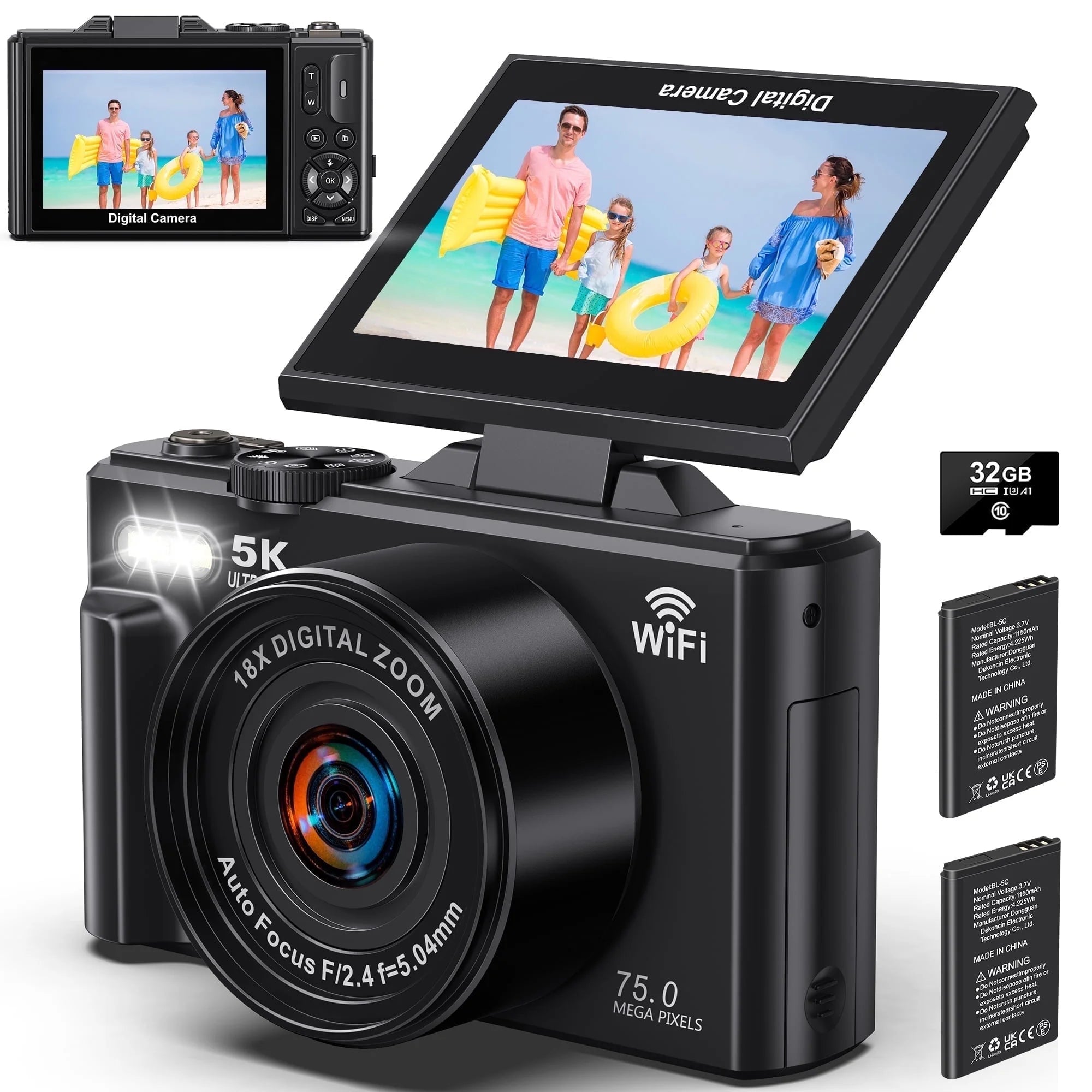 5K Digital Camera with 75MP Resolution, WiFi Connectivity, 18X Zoom, Autofocus, Flip Screen, and 32GB Memory Card for Vlogging and Photography