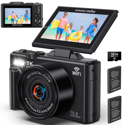 5K Digital Camera with 75MP Resolution, WiFi Connectivity, 18X Zoom, Autofocus, Flip Screen, and 32GB Memory Card for Vlogging and Photography