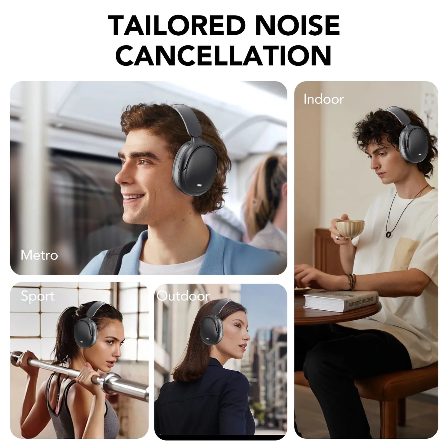 Hybrid Active Noise Cancelling Bluetooth Headphones with 50 Hours Playtime, Enhanced Call Clarity with 4 Microphones, Bass Boosted Sound, Comfortable Over-Ear Design for Travel and Home Office - Black