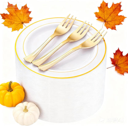 WELLIFE 120-Count Gold Glitter Plastic Dessert Plates and Forks Set, 6.5-Inch Disposable Plates and Durable Small Forks for Catering, Parties, and Weddings