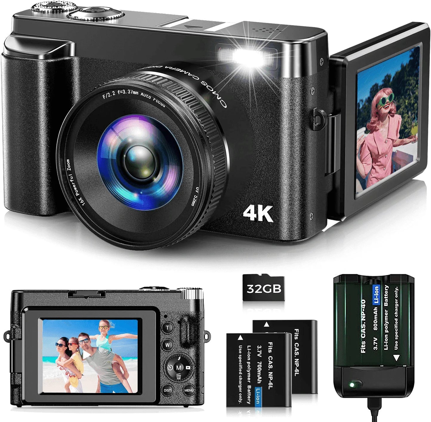 4K 48MP Digital Vlogging Camera with Autofocus and 16X Zoom, Includes 32GB SD Card for YouTube Content Creation