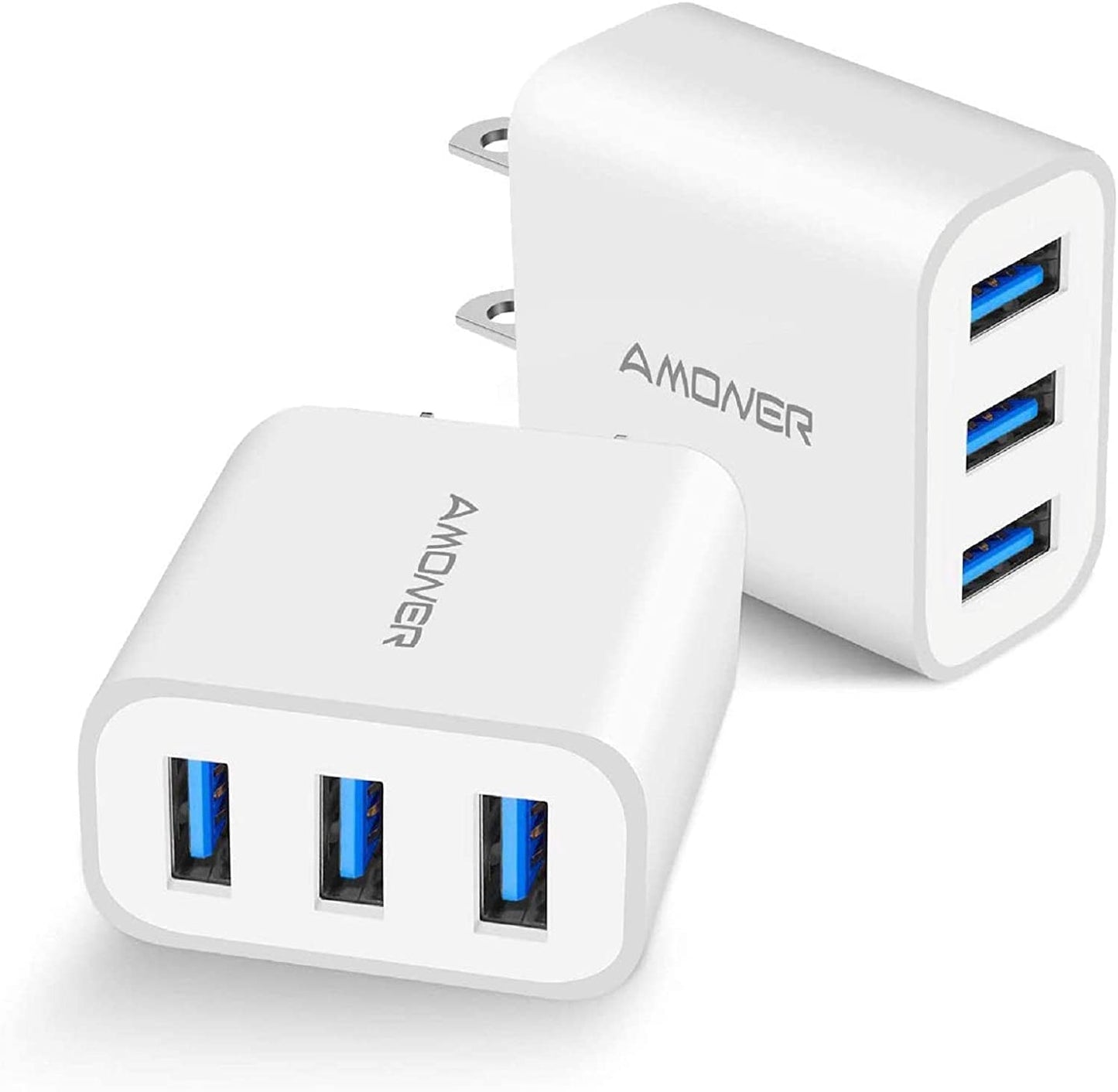 USB Wall Charger, Amoner 2Pack 15W 3-Port USB Charger Block Iphone Cube Charging Blocks for Iphone 14/13/12/11/X/XR/X/8/7/6, Galaxy, Android Phones and More