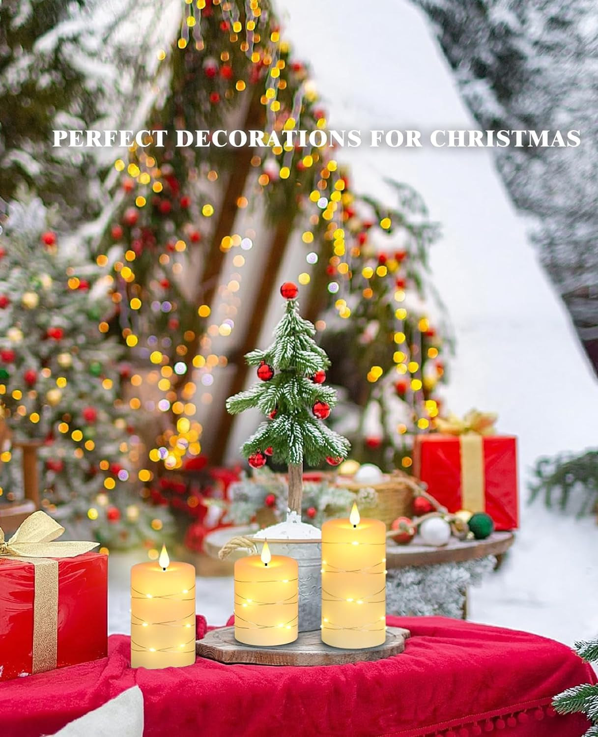 Flameless LED Candles with String Lights, Battery Operated, Flickering Effect, Remote Control and Timer, Real Wax, Set of 3 - Ivory