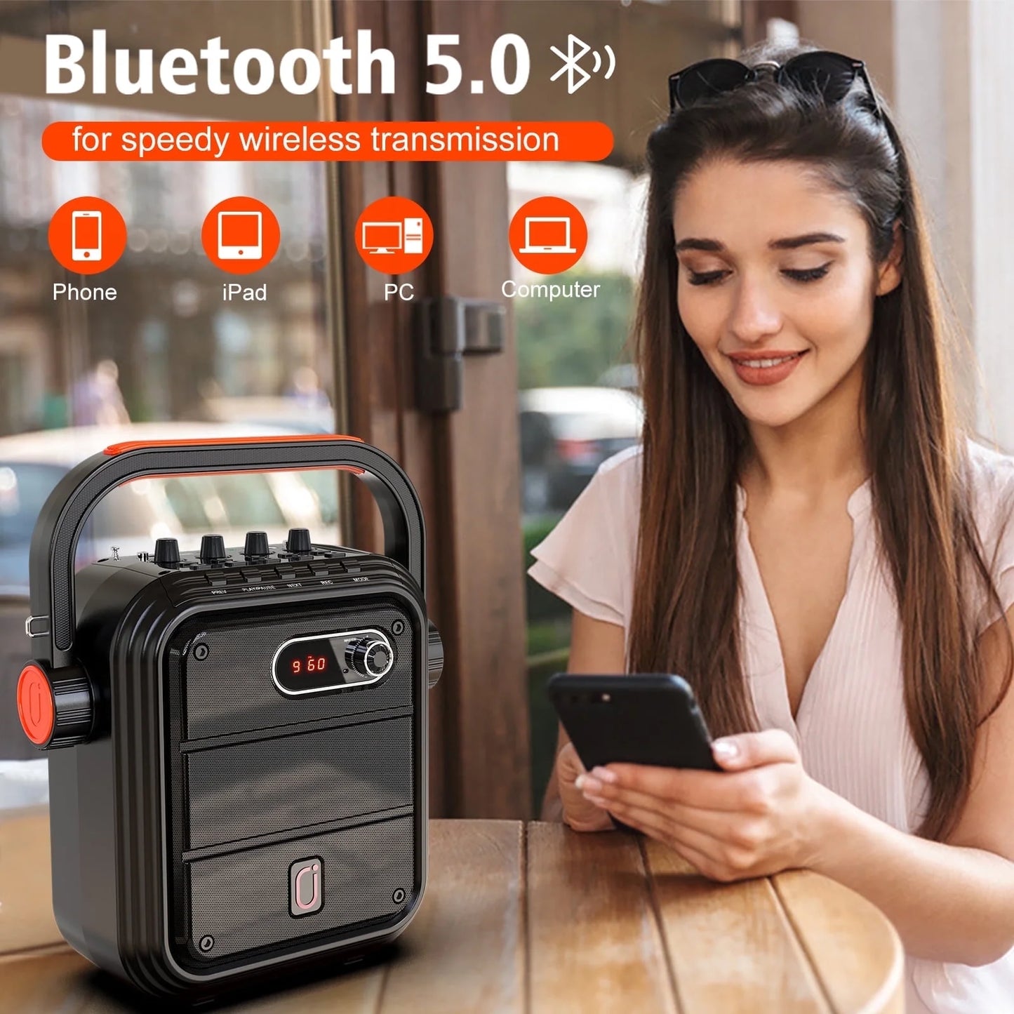 Portable Bluetooth Speaker, Outdoor Speaker with FM Radio, Portable PA System with 2 Microphones, Deep Bass, Wireless Stereo Pairing, AUX Input, TWS