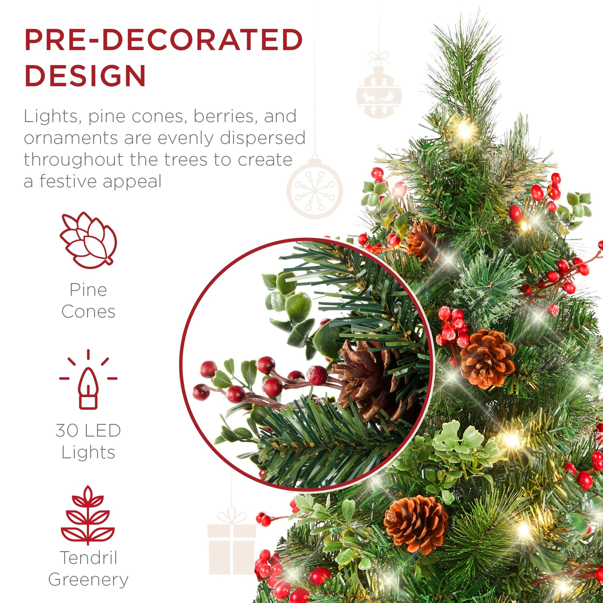 Set of 2 24.5-Inch Outdoor Pathway Christmas Trees with LED Lights, Berries, Pine Cones, and Ornaments