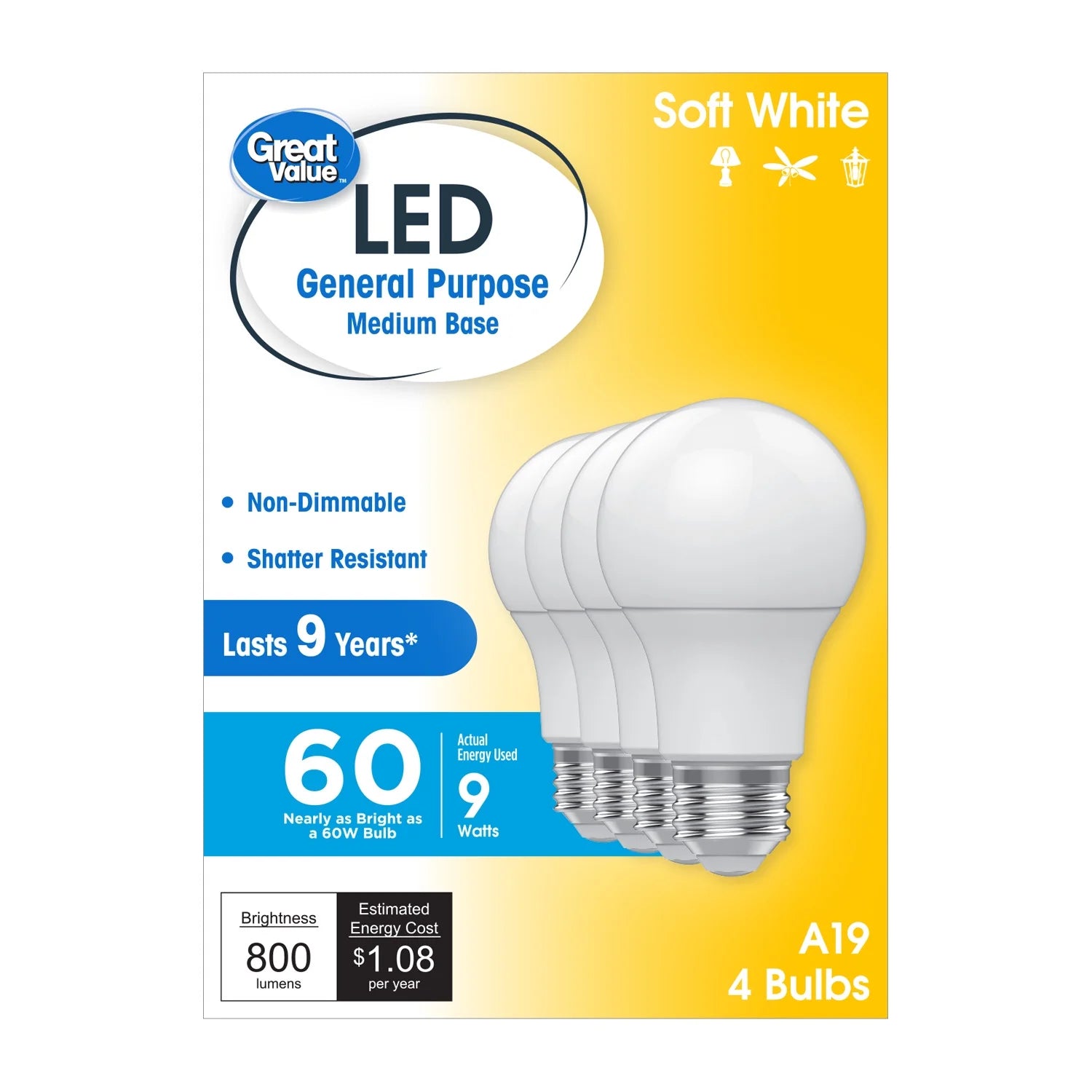 Great Value LED Light Bulbs, 60 Watts Eqv, Soft White, A19 General Purpose Light Bulbs, 9Yr, 4 Pack