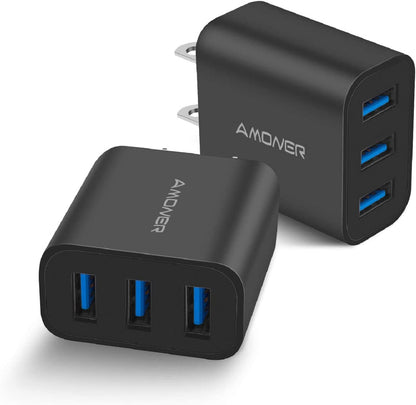 USB Wall Charger, Amoner 2Pack 15W 3-Port USB Charger Block Iphone Cube Charging Blocks for Iphone 14/13/12/11/X/XR/X/8/7/6, Galaxy, Android Phones and More