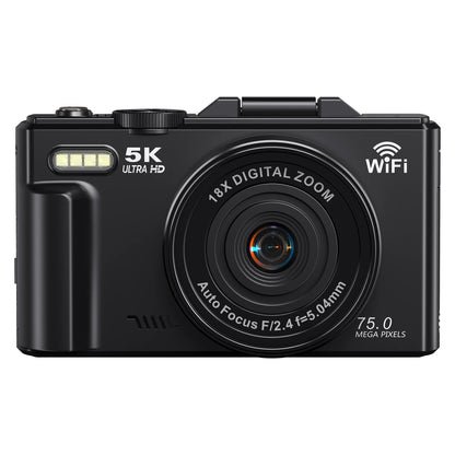 5K Digital Camera with 75MP Resolution, WiFi Connectivity, 18X Zoom, Autofocus, Flip Screen, and 32GB Memory Card for Vlogging and Photography