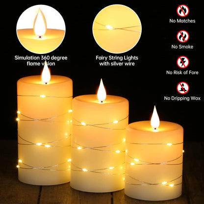 Flameless LED Candles with String Lights, Battery Operated, Flickering Effect, Remote Control and Timer, Real Wax, Set of 3 - Ivory
