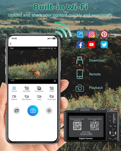 5K Digital Camera with 75MP Resolution, WiFi Connectivity, 18X Zoom, Autofocus, Flip Screen, and 32GB Memory Card for Vlogging and Photography