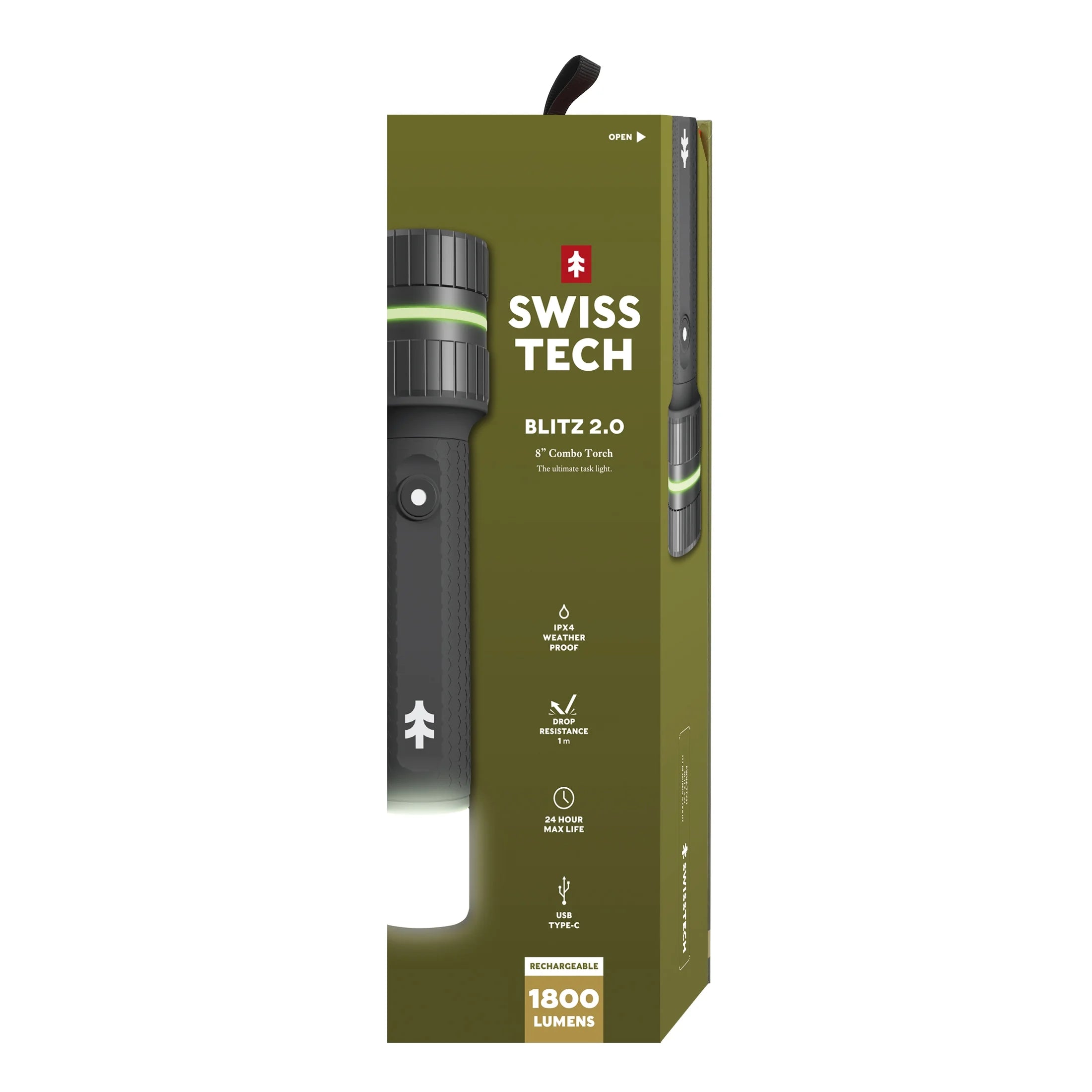 Swiss Tech 1800 Lumen LED Rechargeable Combo Flashlight, IPX4 Weatherproof, Drop Resistant, Black