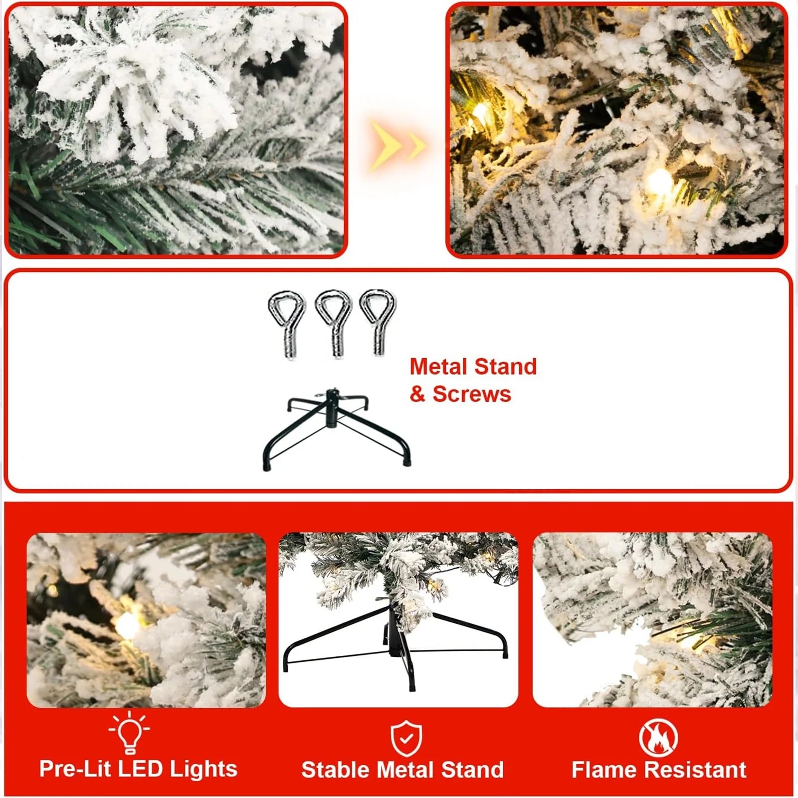 6-Foot Pre-Lit Snow Flocked Christmas Tree Featuring 250 Warm White Lights and 1000 Branch Tips