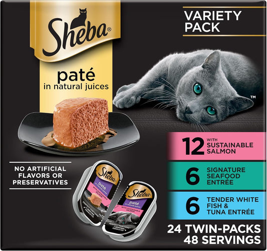 Sheba Perfect Portions Wet Cat Food Variety Pack with Sustainable Salmon, Signature Seafood Entrée, Tender White Fish, and Tuna, 2.6 Oz Twin Pack Trays (24 Count, 48 Servings)