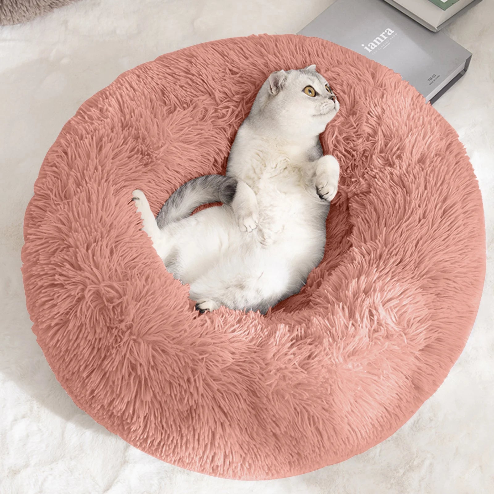 Nisrada 27In Calming Donut Dog Bed Anti-Anxiety, Self Warming, Cozy Soft Plush round Pet Bed Indoor, Ideal for Both Home & Travel, Size 27”X27”X8” Pink