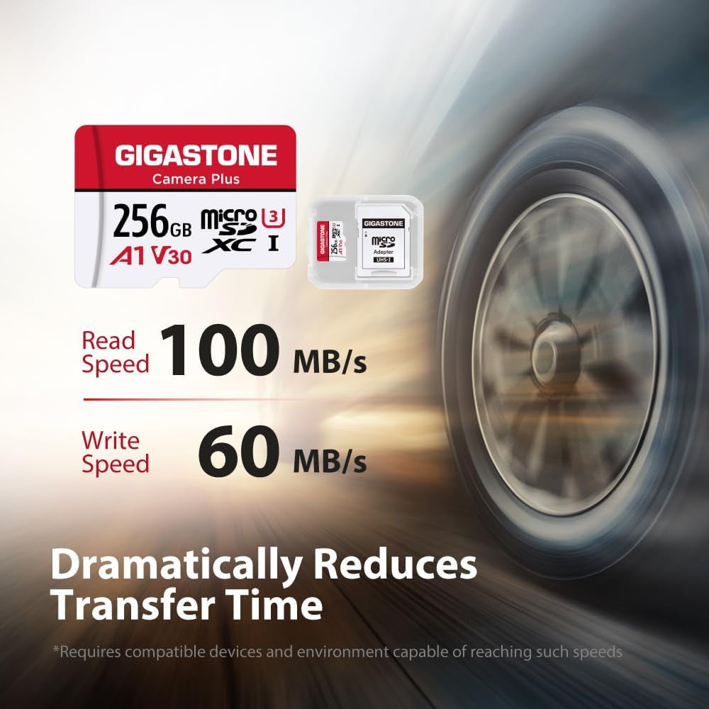 Gigastone 256GB Camera plus Series Memory Card, Read Speed up to 100Mb/S. Ideal for Full HD Video Gopro Drone Android Camera, A1 Micro SDXC Card with Mini Case and SD Adapter.