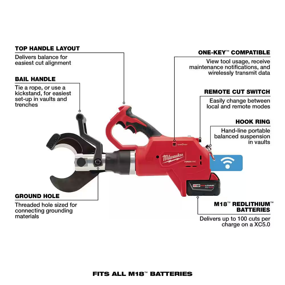M18 18V Lithium-Ion Cordless FORCE LOGIC 3 In. Underground Cable Cutter W/ (1) 5.0Ah Battery, Charger, Tool Bag