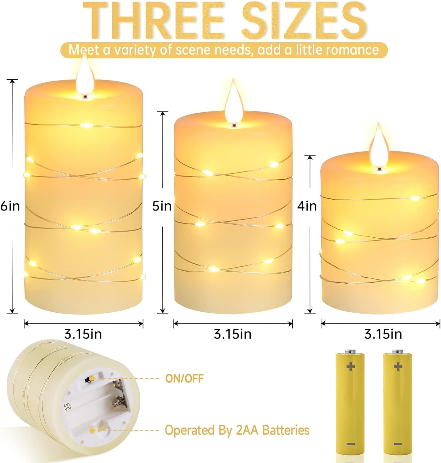 Flameless LED Candles with String Lights, Battery Operated, Flickering Effect, Remote Control and Timer, Real Wax, Set of 3 - Ivory