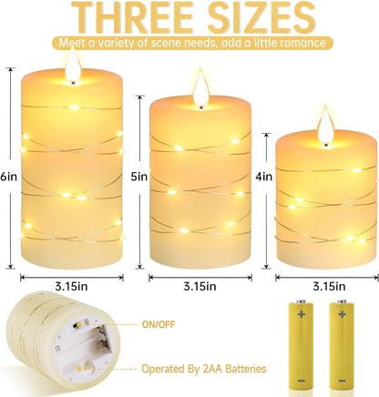 Flameless LED Candles with String Lights, Battery Operated, Flickering Effect, Remote Control and Timer, Real Wax, Set of 3 - Ivory