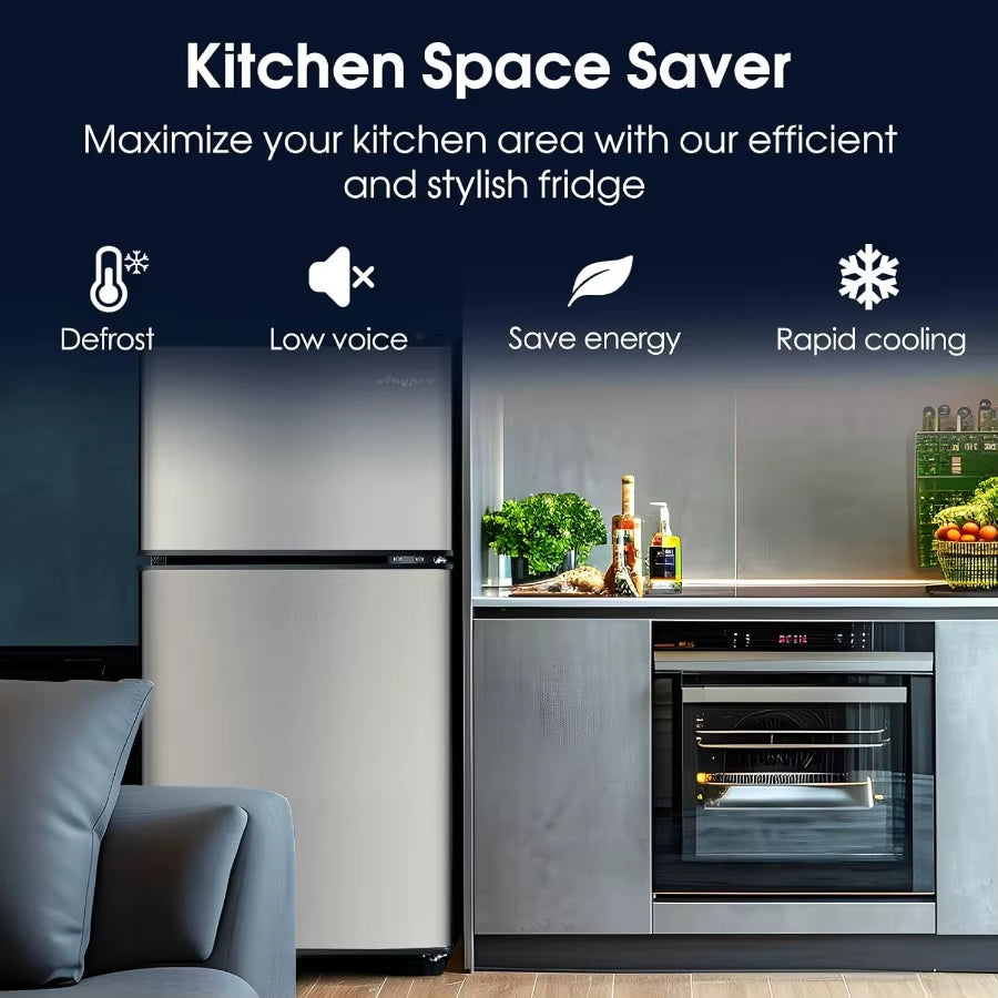 3.2 Cu.Ft Double Door Fridge with Freezer for Bedroom Office Dorm and Apartment Portable Refrigerator with 7 Temperature Settin