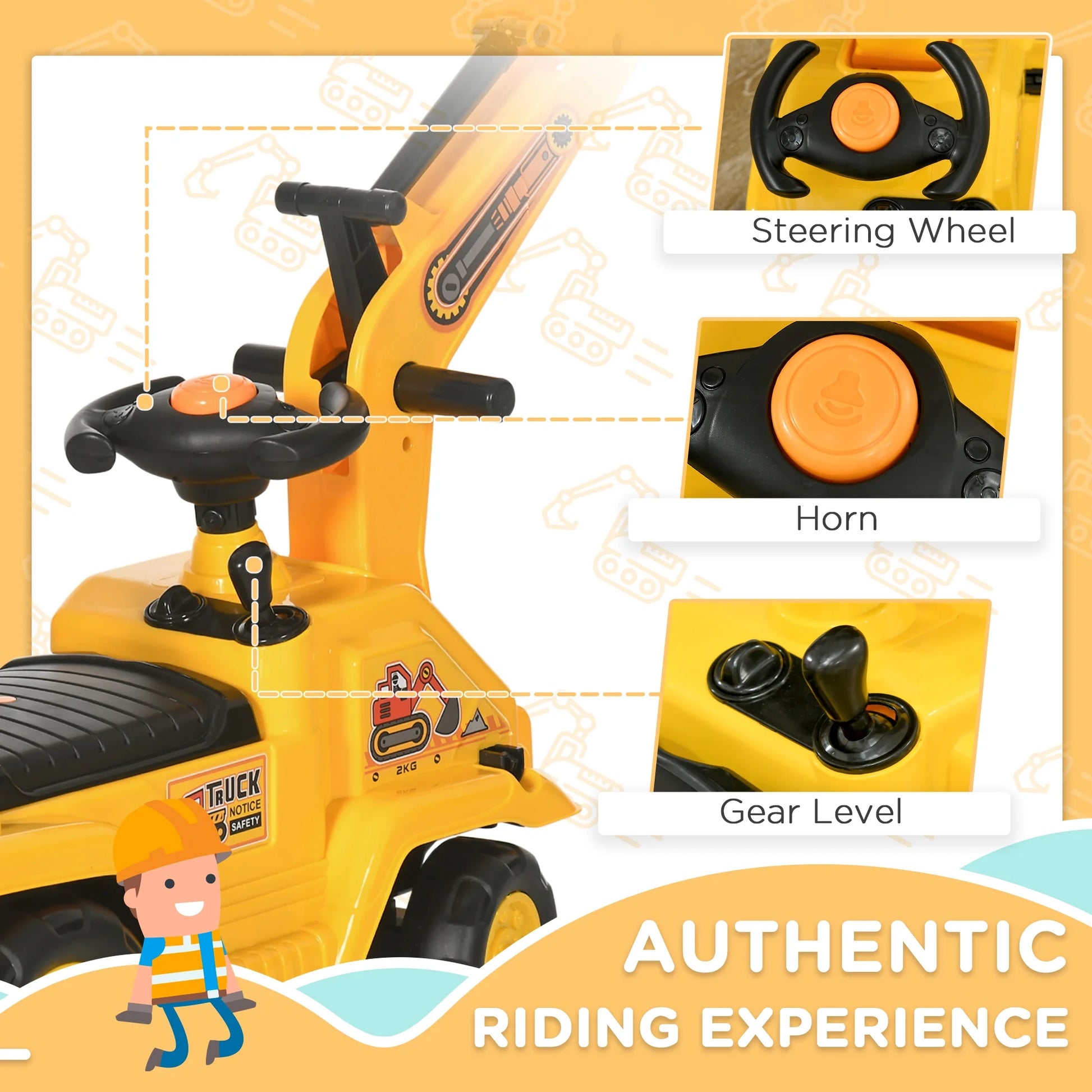 NO Power 3 in 1 Ride on Toy Excavator Digger Scooter Pulling Cart Pretend Play Construction Truck