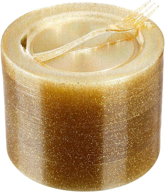 WELLIFE 120-Count Gold Glitter Plastic Dessert Plates and Forks Set, 6.5-Inch Disposable Plates and Durable Small Forks for Catering, Parties, and Weddings