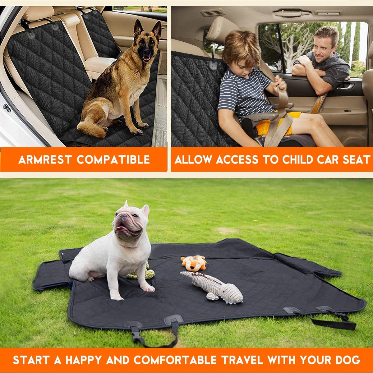 Premium Waterproof Dog Car Seat Cover for Back Seat Protection - Non-Slip Design with Middle Armrest Compatibility for Most Cars, Trucks, and SUVs - Black