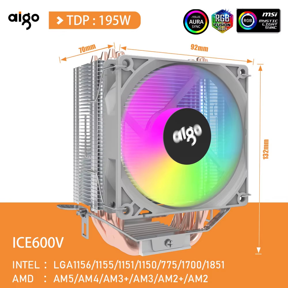 Aigo CPU Cooler 2 4 6 Heat Pipes PC Radiator Cooling 3PIN PWM Silent Rgb Fan for Intel 1700 1150 1155 1156 1366 AM2/AM3/AM4 AMD
